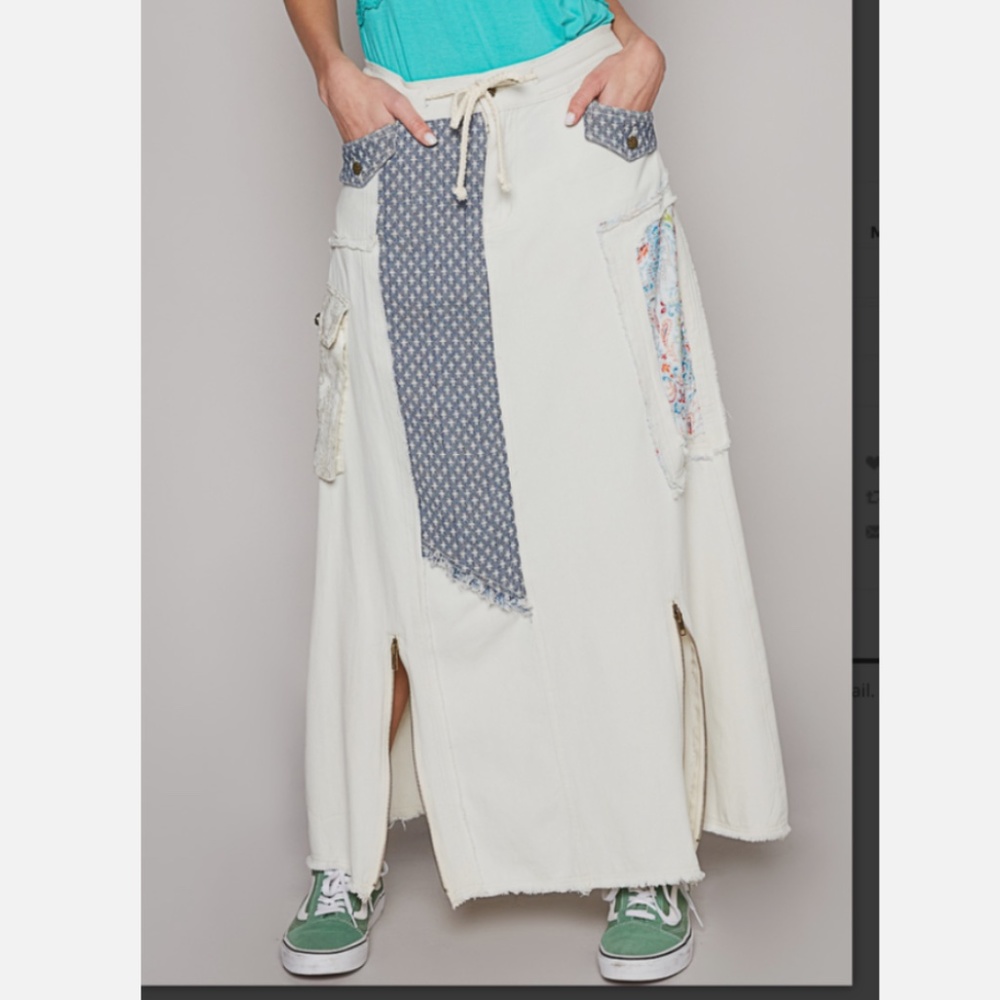 POL White Maxi Skirt with Blue Patch Details